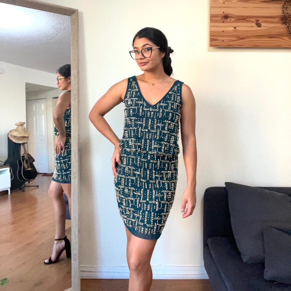 Cache Green Cocktail Dress with beading Size 2